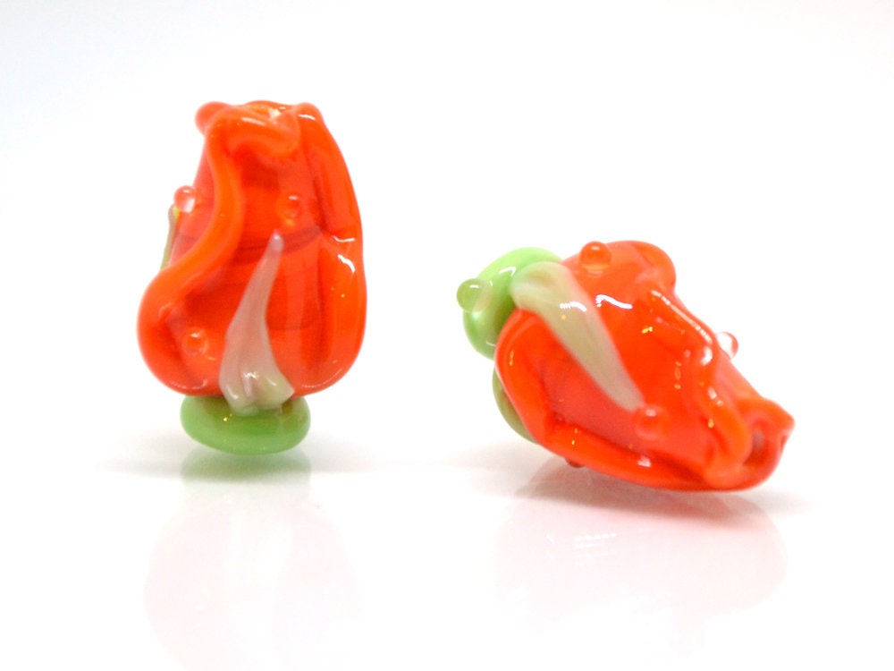 Orange rose bud beads, Lampwork Glass rosebud beads, Lampwork rose flower, Focal lampwork beads