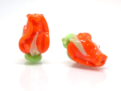 Orange rose bud beads, Lampwork Glass rosebud beads, Lampwork rose flower, Focal lampwork beads