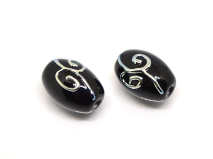 Black oval glass beads silver mirror curles, Barrel rice lampwork beads for you, Crafts beads, Jewelry supply, Artisan lampwork Glossy black