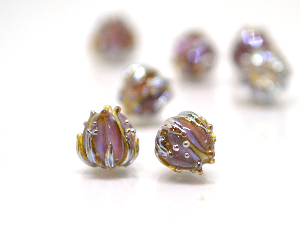 Lavender pink gold flower beads, 7mm glass beads, Tiny flower beads, Sparkle floral beads, Artisan lampwork beads, Lampwork bead set