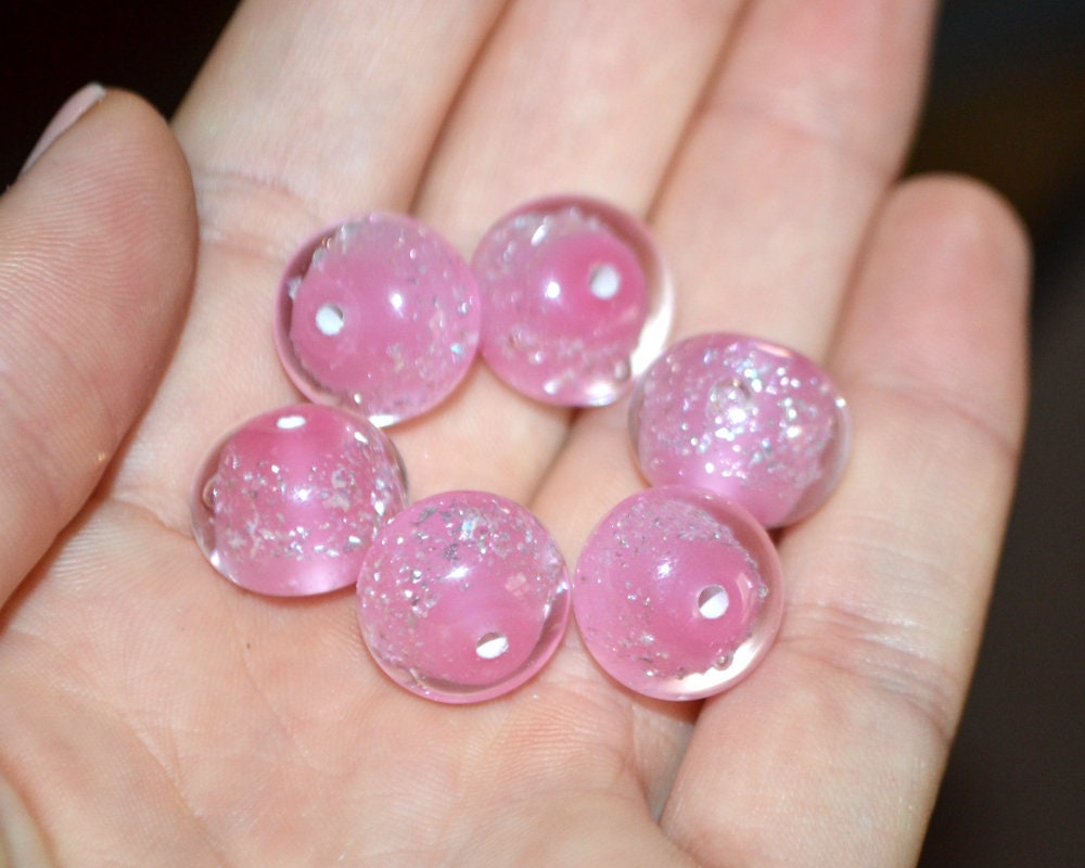 Pink lampwork foil beads, Handmade glass, Artisan lampwork, Shimmering Sparkling Round Silver Wedding jewelry making bead bride set bracelet