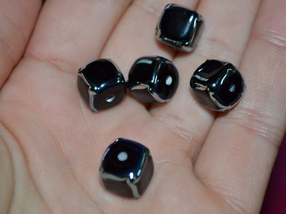 Black silver square beads, Black cube beads, Black spacer beads, Black lampwork beads, Artisan lampwork, 10mm cube beads, Geometric beads