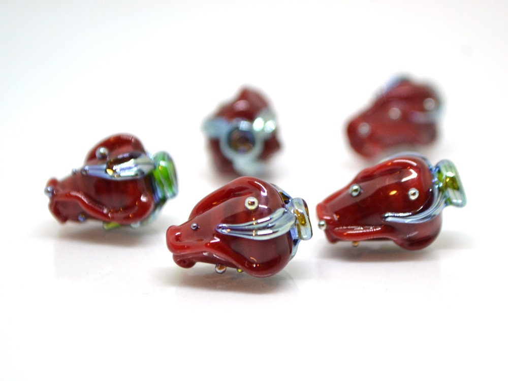 Red bud rose beads, Lampwork Glass Rose Bud Bead, Flower lampwork bead, Focal lampwork beads
