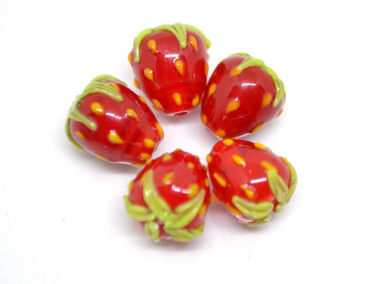 Red Strawberry lampwork beads, Glass berries, Lampwork strawberry, Berry fruit beads, Red green beads, Nature inspired, artisan lampwork