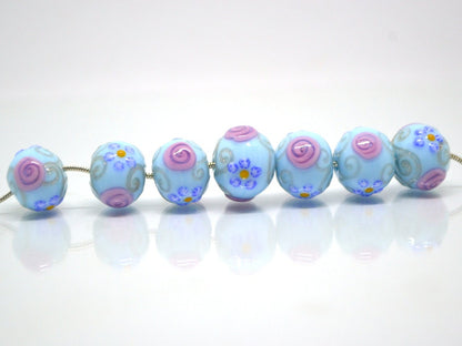 Venetian glass beads - Sky blue handmade beads with pink flowers and gold swirl, Artisan Lampwork Vintage glass bead Rondelle Jewelry making