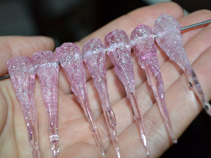 Pink Icicle Glass Beads, Christmas Beads, Transparent Glass beads, Snow Lampwork, Mini christmas tree decor, Holiday beads, Artisan lampwork