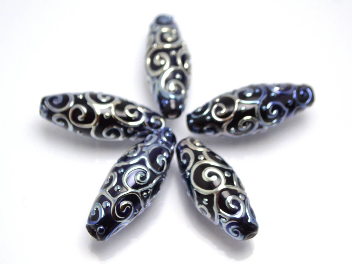 black and silver artisan lampwork beads set  oval beads jewelry making rhombus curls bead chic sparkly beads large beads christmas bead