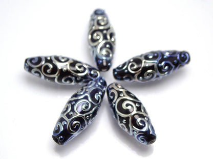 black and silver artisan lampwork beads set  oval beads jewelry making rhombus curls bead chic sparkly beads large beads christmas bead