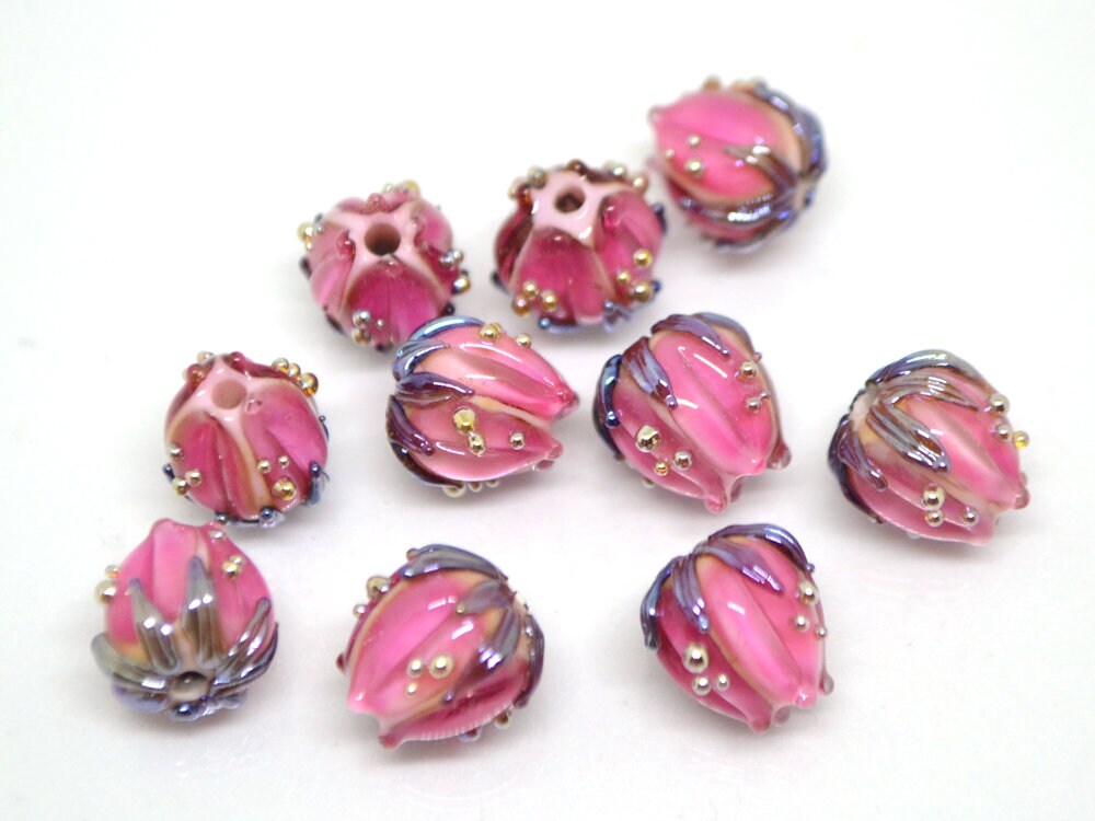 Bright pink flower beads silver, 10mm flower beads, lampwork rose buds, floral theme beads, Floral lampwork, Lampwork bead set, Handmade