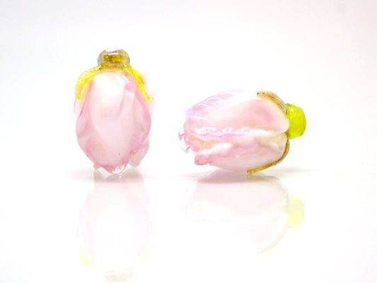 White pink flower lampwork bud beads, Handmade lampwork, Floral lampwork, Made to Order