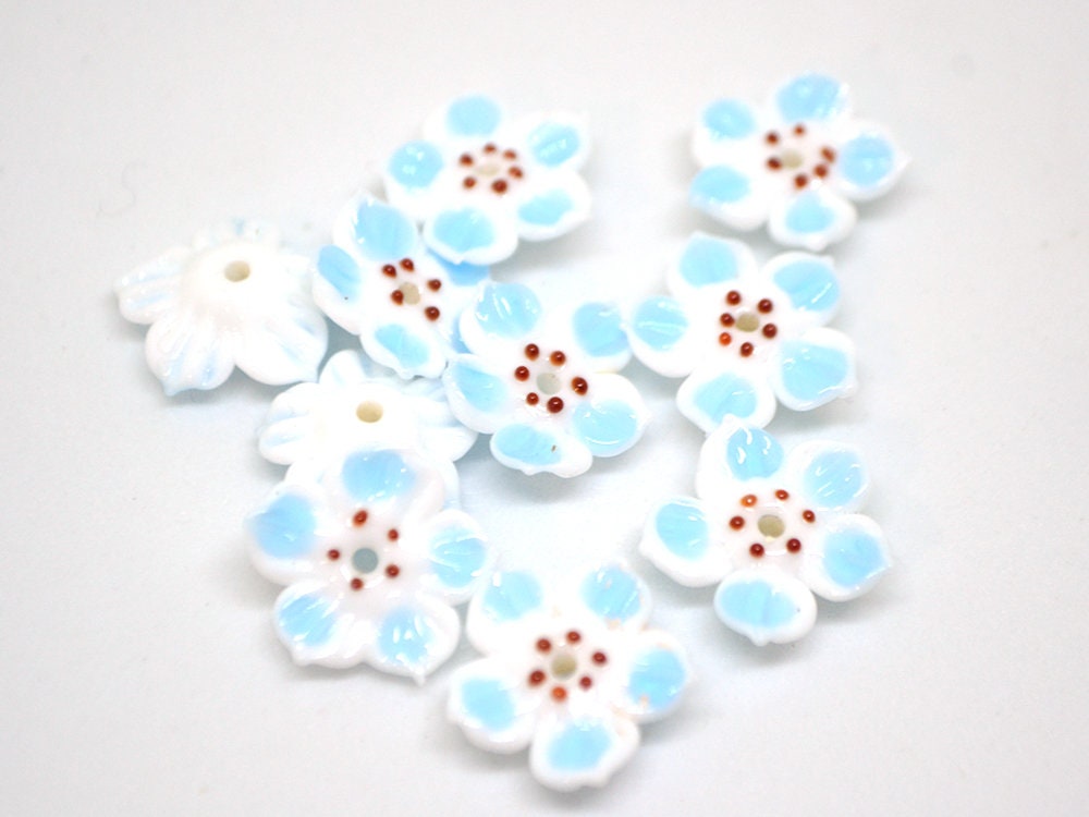 White blue glass flower beads, Blue floral lampwork, Glass blossom beads, Artisan lampwork bead, Jewelry beads, 3d Embroidery beads