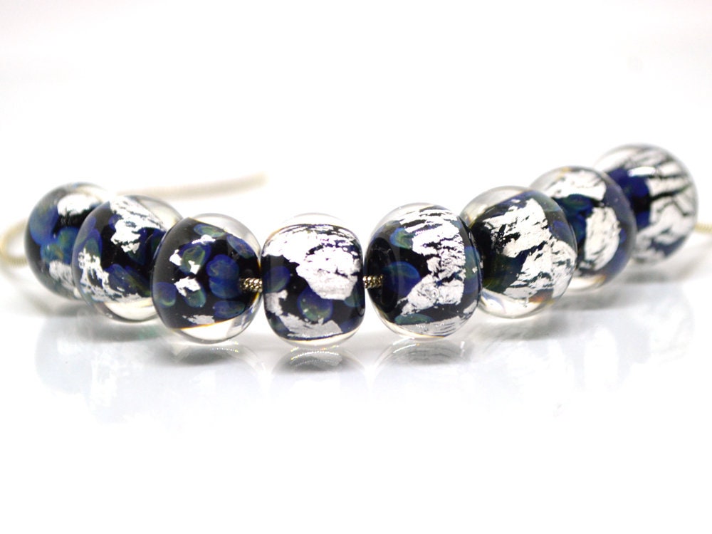 Black silver foil lampwork beads, Handmade glass beads, Artisan Lampwork, Art beads, rondelle beads