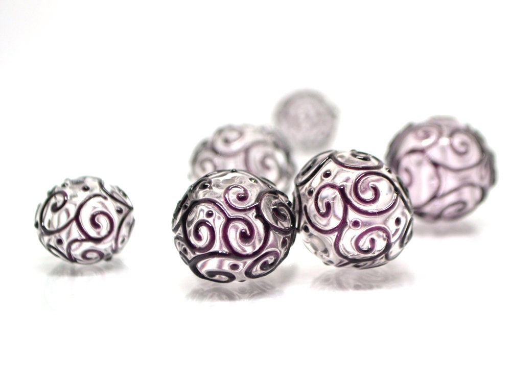 Clear hollow glass beads with black curls, Textured lampwork beads, Transparent clear beads, Artisan Lampwork