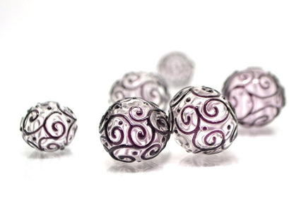 Clear hollow glass beads with black curls, Textured lampwork beads, Transparent clear beads, Artisan Lampwork