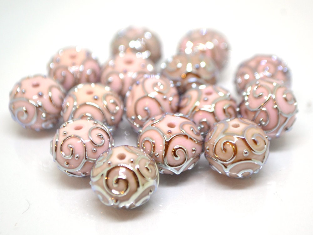 Pale pink beads with silver curls, Handmade glass beads, Artisan lampwork Set, SRA beads, Round beads, Jewelry making, Beads set