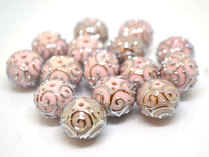 Pale pink beads with silver curls, Handmade glass beads, Artisan lampwork Set, SRA beads, Round beads, Jewelry making, Beads set