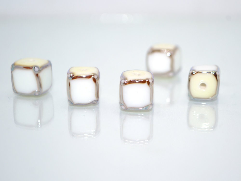 White silver square beads, White cube beads, White spacer beads, White lampwork beads, Geometric beads, cube beads 10mm, Artisan lampwork