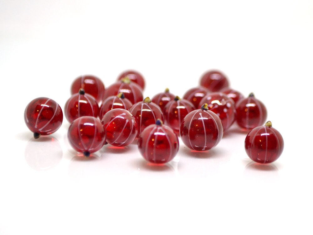 Lampwork Red currant beads, Gloss glass berries, Lampwork berry, Glass Redcurrant, Red berries white stripes, half-drilled beads