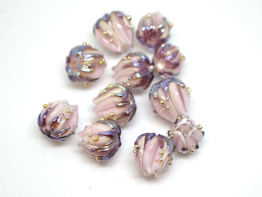 Pale pink glass flower beads purple leaves gold dew, Artisan lampwork, 10mm flower bead, Pastel pink, Floral glass beads, Flower spacer bead
