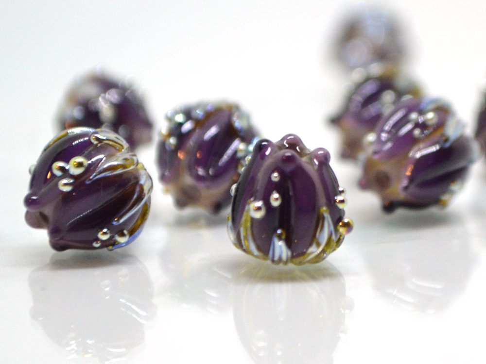 Dark Purple flower beads silver dots, 10mm glass beads, Artisan lampwork, Floral beads, Luxury beads, 3d flower bead, Handmade flower glass
