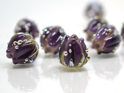 Dark Purple flower beads silver dots, 10mm glass beads, Artisan lampwork, Floral beads, Luxury beads, 3d flower bead, Handmade flower glass