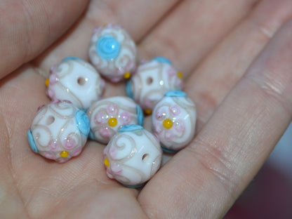 white murano glass lampwork, ethnic beads with flowers and curles, jewelry making venetian italian handmade beads