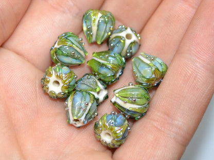 Olive green flower lampwork beads, Pale green glass beads, 10mm flower beads, Artisan lampwork garden floral theme beige gold jewelry supply