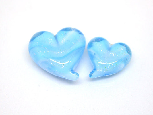 Blue heart beads, Sparkle Lampwork heart, Sky blue glass beads, Glass heart shape bead, Heart charm beads, Half-drilled beads, Handmade