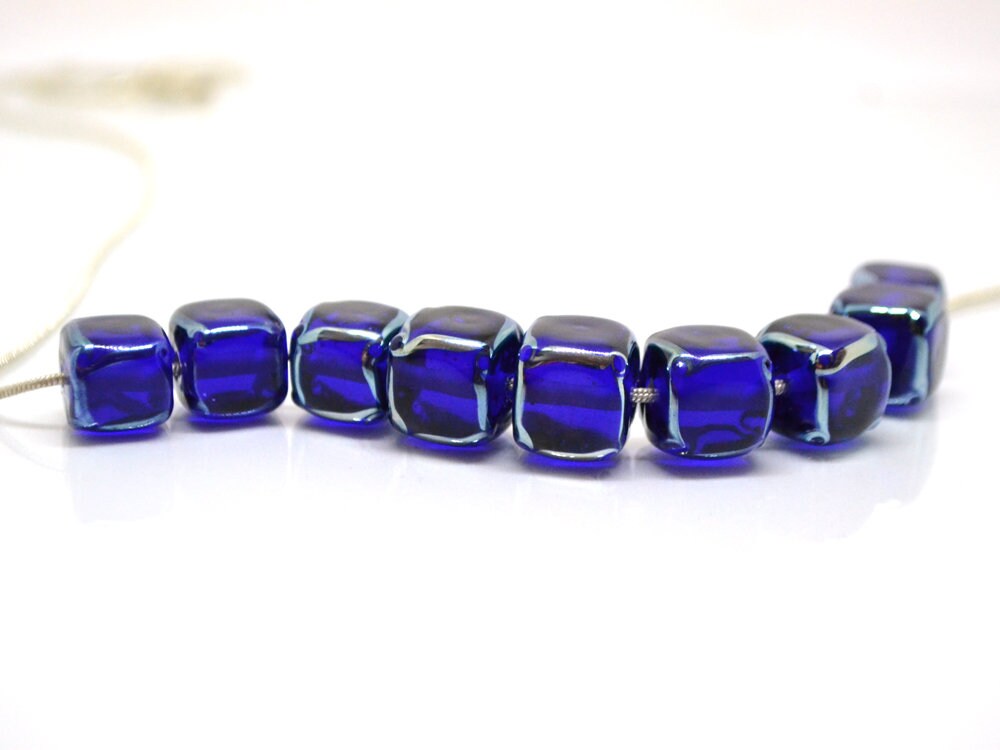 cobalt blue square beads blue cube beads blue spacer beads blue lampwork beads artisan lampwork 10mm cube beads glass blue beads spacer