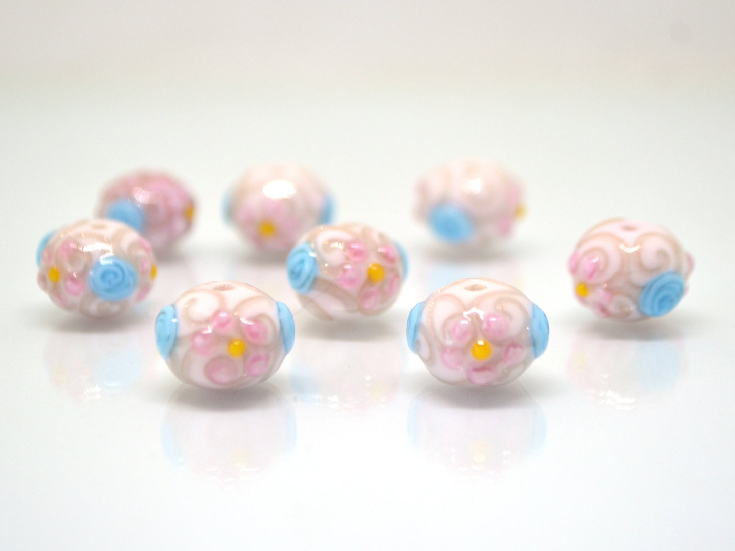 white murano glass lampwork, ethnic beads with flowers and curles, jewelry making venetian italian handmade beads