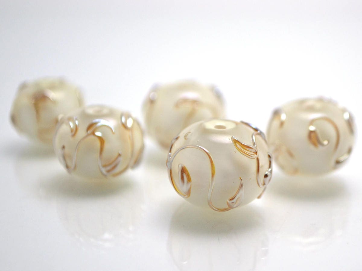 white pearl artisan lampwork bead handmade glass beads for wedding jewelry making set gold sprig twig leaf on white romantic tender earrings