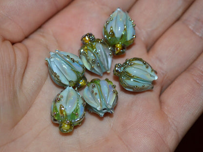 Lampwork glass flower bead, Pale green tea lavender, Floral glass pendant, Flower beads for jewelry making, Artisan lampwork, Focal lampwork