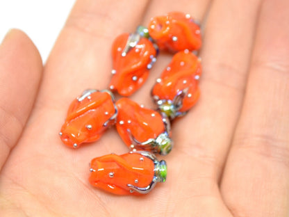Orange silver twisted rosebud  beads, Flower lampwork bead, SRA beads, Bright colors