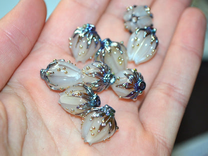 White opaque flower beads, White purple gold lampwork beads, Floral lampwork, White milk beads