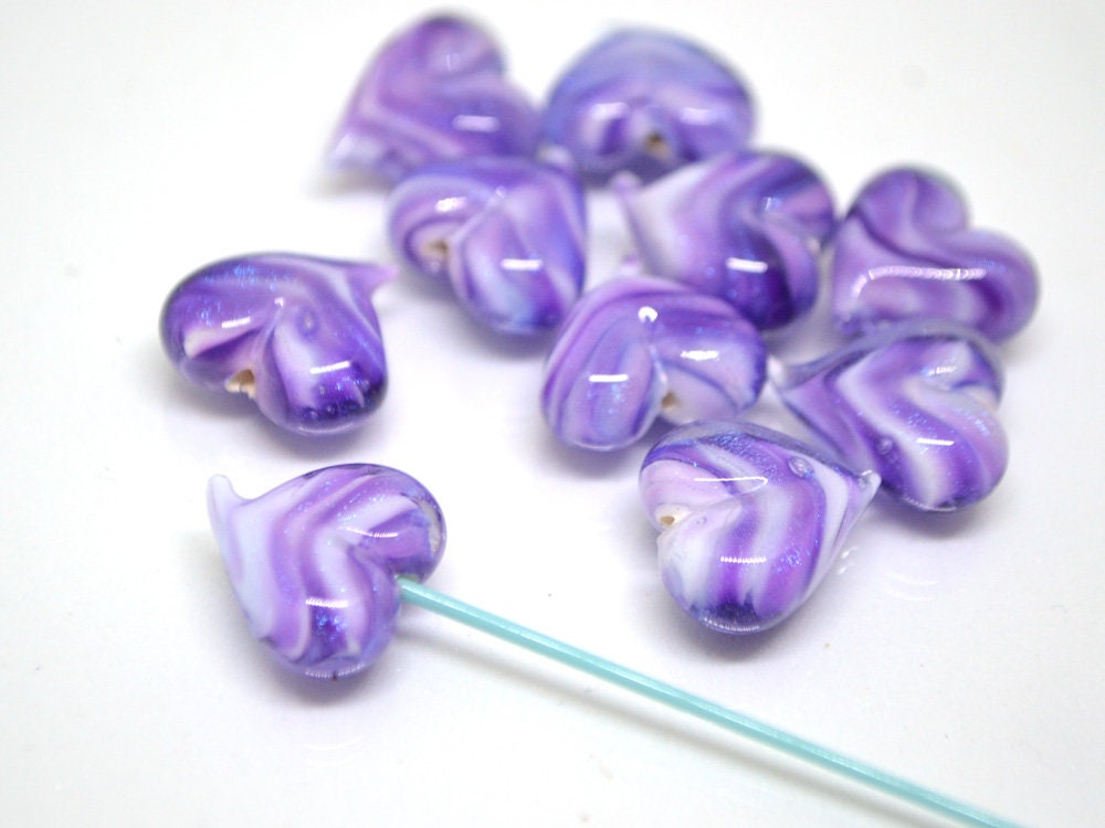 Purple sparkle heart beads, Lavender glass bead, Sparkling Lampwork Heart shape bead, Handmade Glass Heart charm beads, Half-drilled beads