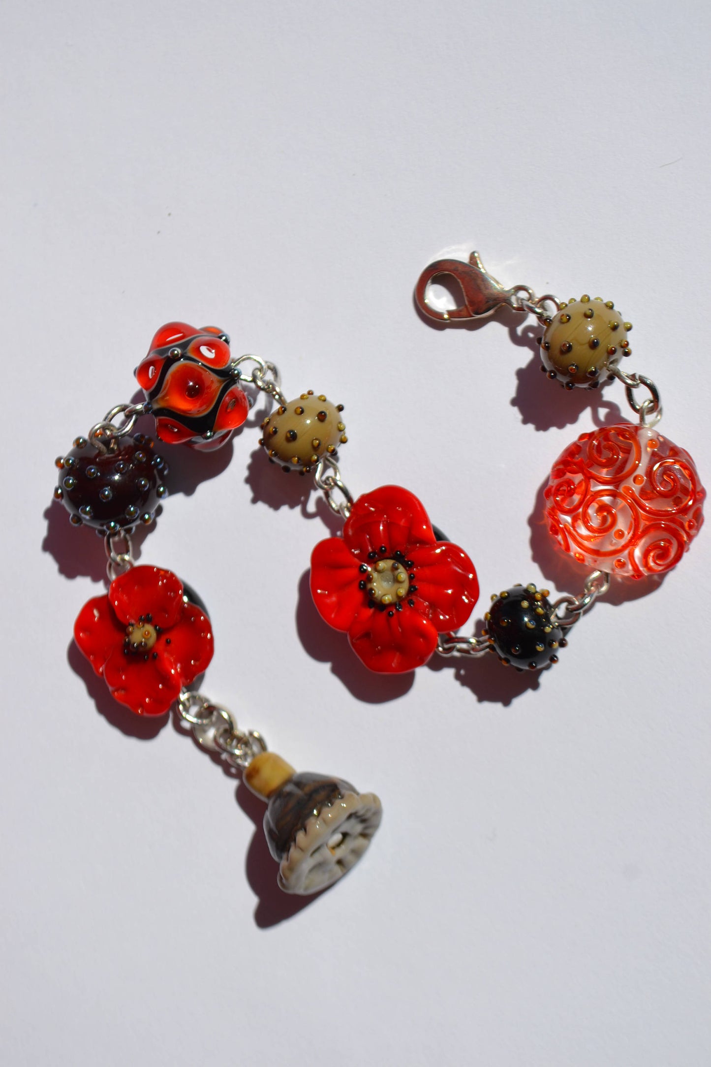 Lampwork bracelet lampwork bead handmade poppy jewelry black red bead bracelet blossom bracelet dot bead floral chain bracelet silver