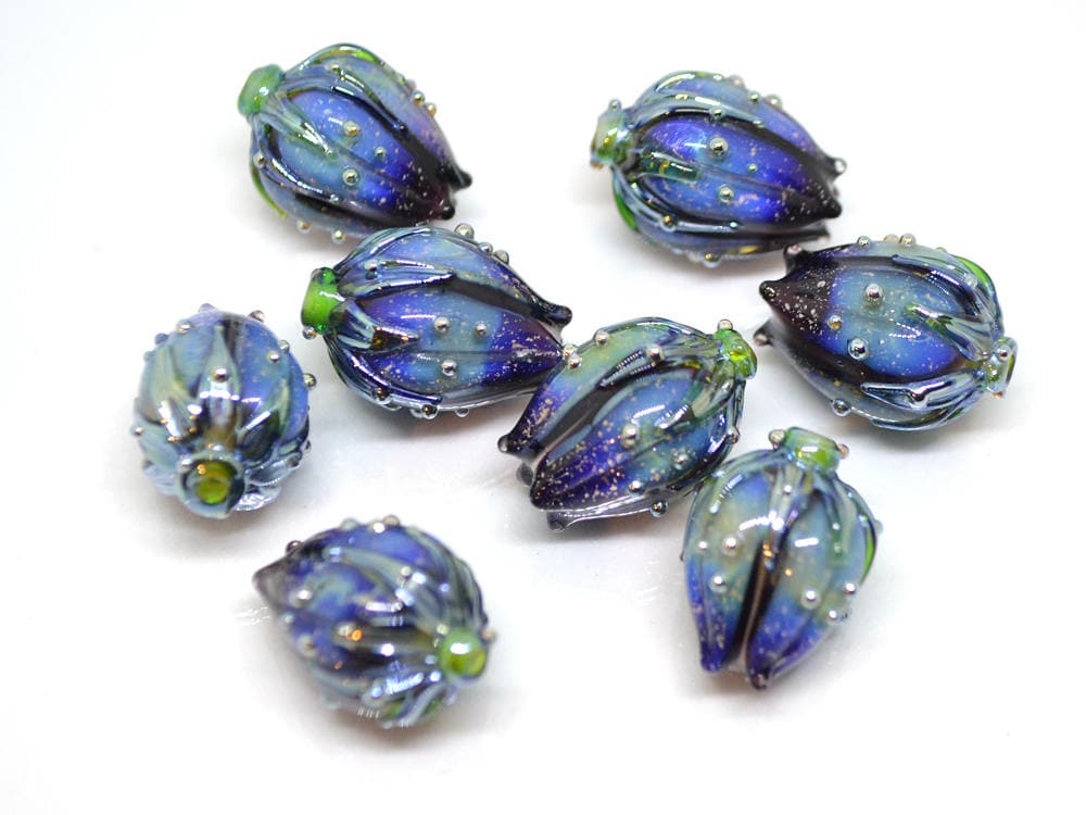 glitter blue glass beads dark blue purple sparkle bead bling beads stardust beads flower lampwork bead floral pendant sparkly dichroic glass