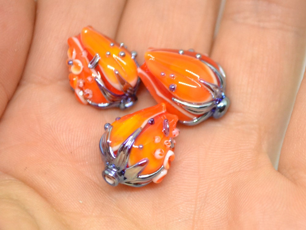Orange silver flower bouquet lampwork beads, Bright lampwork beads, Artisan lampwork, SRA beads