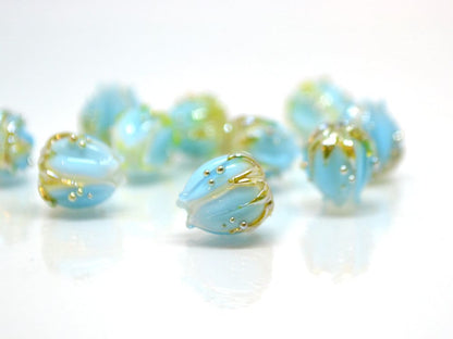 Lampwork glass flower beads 10mm, Light aquamarine flower buds with green gold leaves, Handmade lampwork, blue glass beads, Something blue