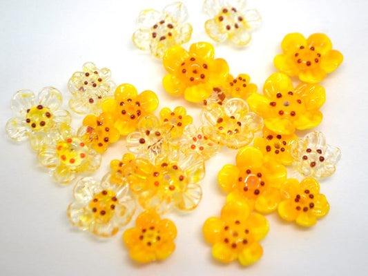 Yellow glass beads, Set of 12pcs, Honey yellow flower beads, Golden yellow beads, Topaz yellow beads, Floral lampwork, Artisan Lampwork bead