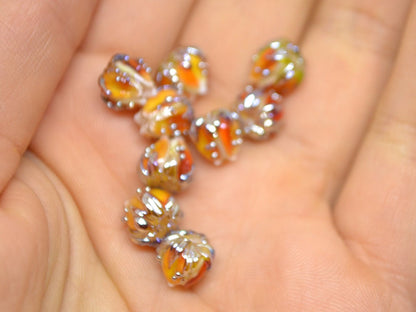 Tiny orange flower beads with gold leaves, Small glass beads, 7mm flower beads, beads for jewelry, Artisan lampwork
