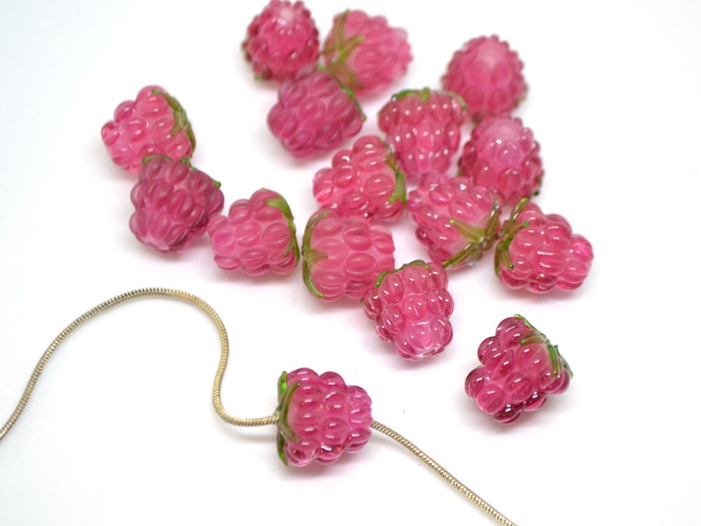 Bright pink lampwork raspberry, Frost glass berries, Lampwork raspberries, Berry fruit beads, Glass Raspberry