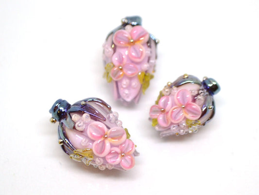 Glass flower bouquet on lampwork bud beads, Miniature glass flowers, Artisan lampwork, Light pink glass flower beads