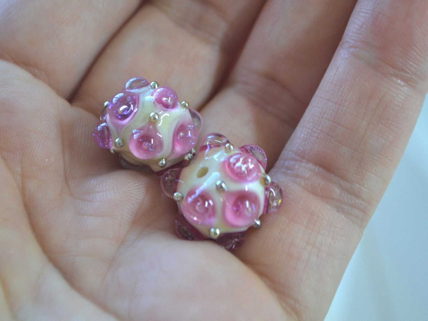 Pink beige handmade glass bead, 10mm glass beads, Pink lampwork, Artisan lampwork, Pink Beads for bracelet, Jewelry beads