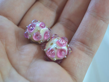 Pink beige handmade glass bead, 10mm glass beads, Pink lampwork, Artisan lampwork, Pink Beads for bracelet, Jewelry beads