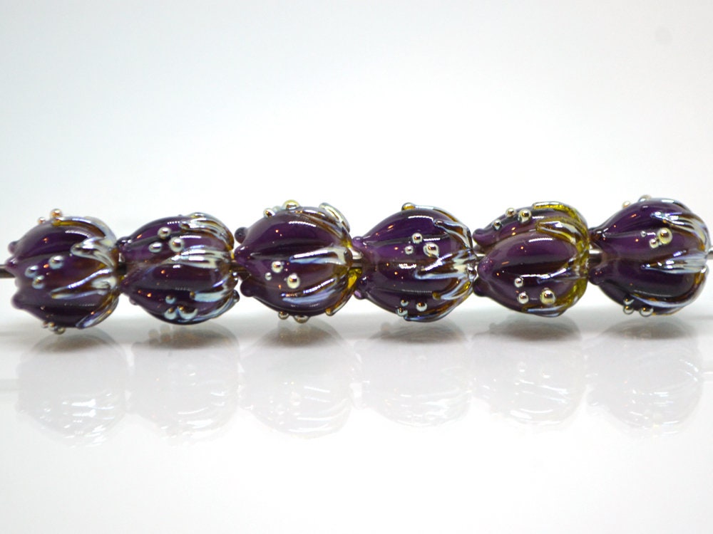 Dark Purple flower beads silver dots, 10mm glass beads, Artisan lampwork, Floral beads, Luxury beads, 3d flower bead, Handmade flower glass