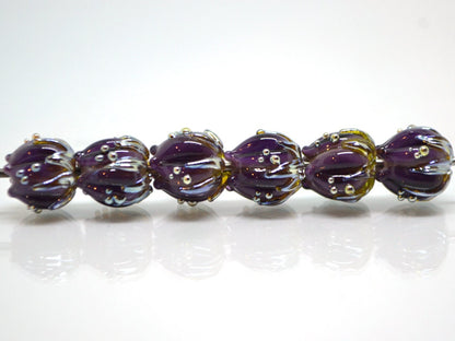 Dark Purple flower beads silver dots, 10mm glass beads, Artisan lampwork, Floral beads, Luxury beads, 3d flower bead, Handmade flower glass