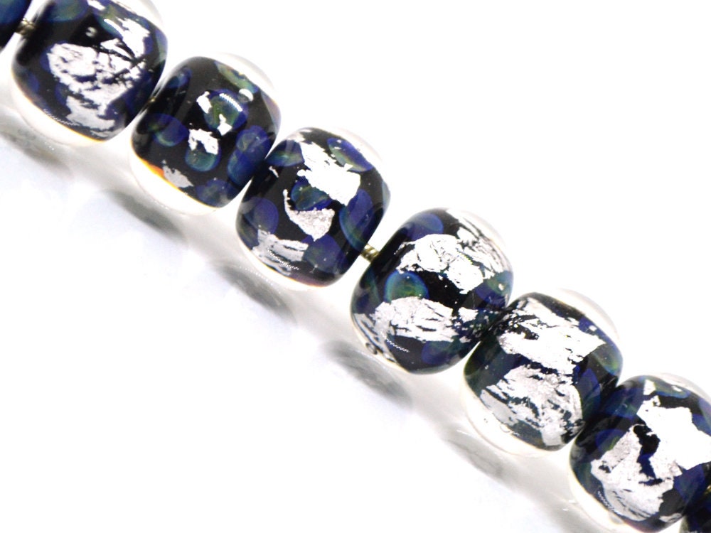 Black silver foil lampwork beads, Handmade glass beads, Artisan Lampwork, Art beads, rondelle beads