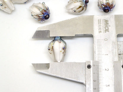 White flower glass beads, White blue gold lampwork beads handmade, Wedding jewelry making Beads for earrings Flower pendant Artisan lampwork