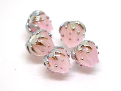 Pale pink floral beads with gold leaves, Tiny glass beads, Light pink 7mm flower beads, Artisan lampwork